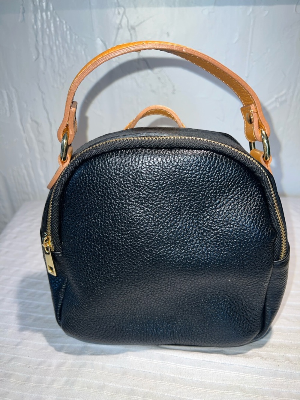 DIVINA FIRENZE Italian Made Black Pebbled Leather Mini Backpack with Top Handle
